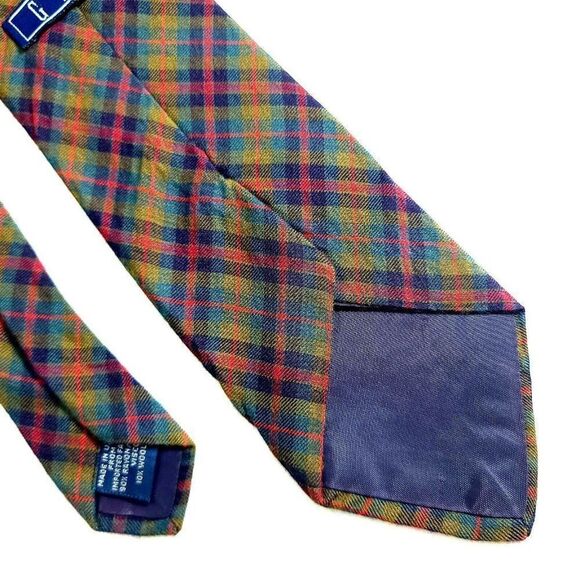 Gap Rayon Wool Plaid Green Blue Red Yellow Rayon Wool Mad In USA Tie - Picture 5 of 6